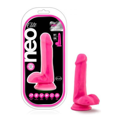 Neo Elite 6in Silicone Dual Density Cock with Balls - Model NE-6DDCB-PNK - For Her Pleasure - Neon Pink