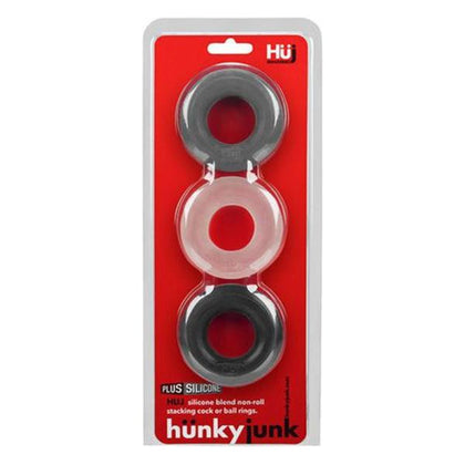 HunkyJunk Huj3 3-Pack C-Ring - Versatile Tar Multi Silicone C-Ring and Ball-Ring for Men - Enhance Pleasure and Performance - Model Huj3 - Unisex - Comfortable and Durable - Black - Adult Naughty Store