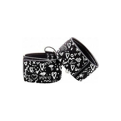 Ouch! Printed Handcuffs Love Street Art Fashion Black - Premium Bonded Leather and Metal Handcuffs for Sensual Pleasure