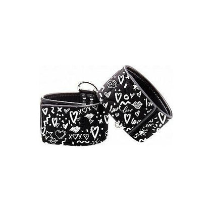 Ouch! Printed Handcuffs Love Street Art Fashion Black - Premium Bonded Leather and Metal Handcuffs for Sensual Pleasure - Adult Naughty Store