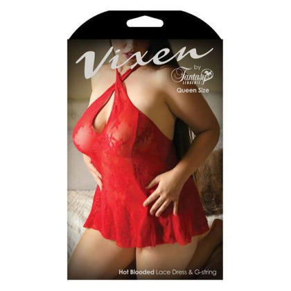 Vixen Hot Blooded Lace Dress & G-string O-S-Queen - Sensual Red Floral Lace Halter Dress and G-string Set for Women - Model: VHB-001 - One Size Queen