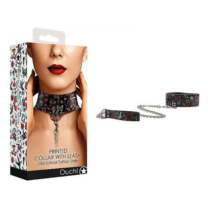 Introducing the Exquisite Ouch! Old School Tattoo Printed Collar and Leash Set - Model 135, Unisex, for Sensual Bondage Play, in Classic Black