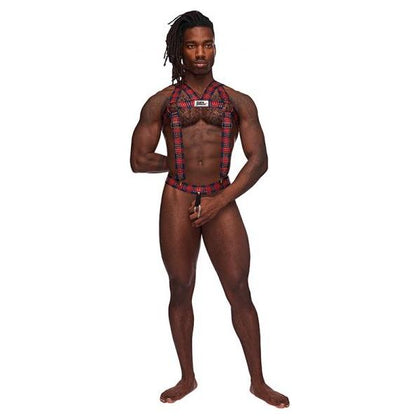 Male Power Elastic Harness with Metal Studding, Adjustable Clips, Detachable Waistband, and Silicone Rubber Cock Ring - Red, One Size