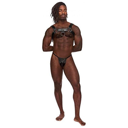 Male Power Leather Collection Aries Black OS Harness with Adjustable Metal Buckles, Rings, and Studding - Unleash Your Inner Dominance!