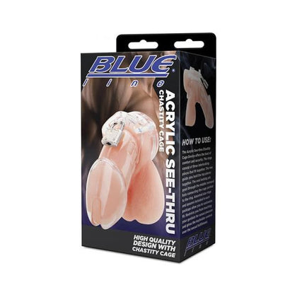 Blue Line Acrylic See-thru Chastity Cage - Transparent Male Chastity Device for Long-term Wear, Model XYZ, Lock & Key Included, Ventilated and Ergonomic Design, Enhances Domination and Pleasure, Clear Color