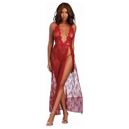 Dreamgirl Lace Gown & G-String Garnet Medium Hanging: Seductive Lace Halter Gown Set - Model DG-5678 - Women's Intimate Apparel for Passionate Nights - Medium Size (6-10)