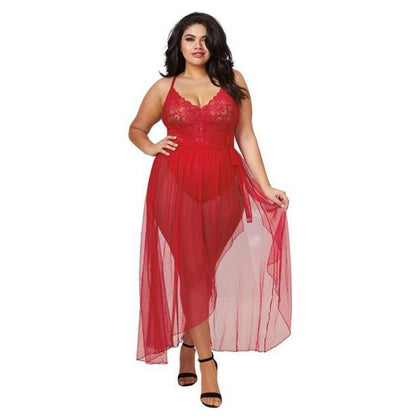Dreamgirl Plus-size Stretch Lace Teddy & Sheer Mesh Maxi Skirt With Adjustable Straps & G-string Rou