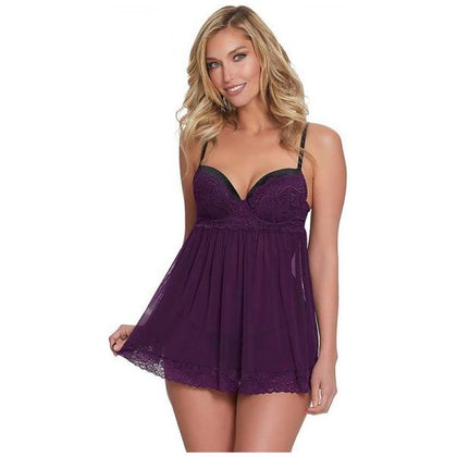 Dreamgirl Stretch Mesh And Lace Babydoll With Underwire Push-up Cups And G-string Plum Large Hanging