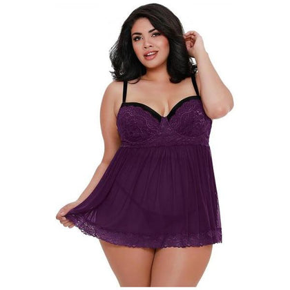 Dreamgirl Plus-size Stretch Mesh and Lace Babydoll with Underwire Push-up Cups, G-string, and Lace Overlay Detail - Model 12345 - Women's Plus Size Lingerie for a Sultry Night
