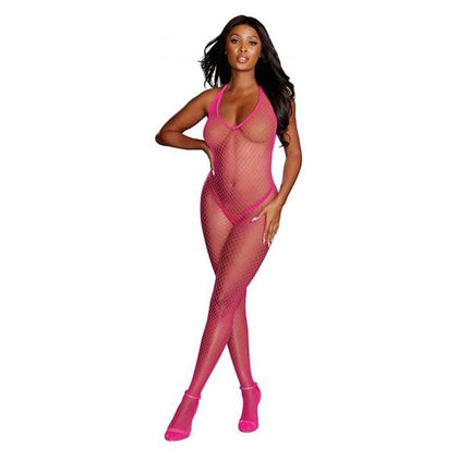 Dreamgirl Diamond-net Halter Bodystocking With Open Crotch Neon Pink OS - Seductive Intimates for Women's Sensual Delights (Model: DG-DSHB-NEONPINKOS)