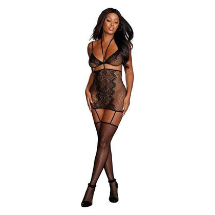 Dreamgirl Sensual Lace and Fishnet Two-Piece Garter Dress with Bralette - Model 1234 - Women's Seductive Lingerie Set for Alluring Nights - Black OS - Adult Naughty Store