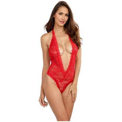 Dreamgirl Stretch Lace Halter Teddy - Sensual Seduction Series - Model XJ-2021 - Women's Intimate Lingerie - Plunging Neckline - Heart Cutout - OS (Sizes 2-14)
