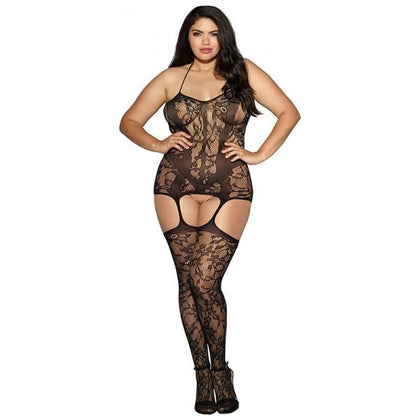 Dreamgirl Lace Fishnet Halter Garter Dress With Opaque Bodice Style Lines - Black Queen Size Lingerie for Women