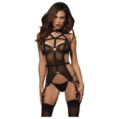 Dreamgirl Stretch Mesh And Elastic Bustier With Strappy High-neck Black Os