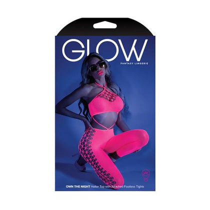 Glow Neon Pink Halter Bodystocking with Cut-Out Bodice and Footless Tights - Model GTN-007, Women's Intimate Wear for Sensual Nights - Size O/S or Q/S - Adult Naughty Store