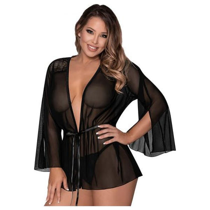 Magic Silk Exposed Modern Romance Short Robe Black L-XL - Seductive Thigh-Length Mesh and Lace Robe with Bell Sleeves for Women, Perfect for Intimate Moments - Adult Naughty Store