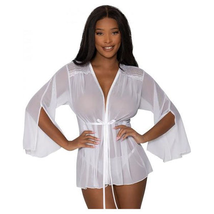 Magic Silk Modern Romance Short Robe - White, S-M, Women's Thigh-Length Mesh and Lace Lingerie (Model: Exposed by Magic Silk 1234) - Adult Naughty Store