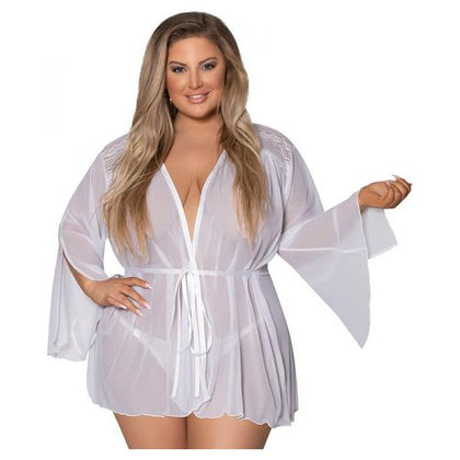 Magic Silk Modern Romance Short Robe White Queen Size - Elegant Thigh-Length Lingerie for Women, Model MR-101, Sensual Mesh and Lace Design, Silky Ribbon-Tie Waist, Full-Length Side Slit Slee - Adult Naughty Store