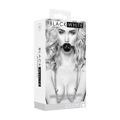 Introducing the SensaPlay Black & White Breathable Ball Gag With Nipple Clamps: Model SP-2021, Unisex, for Enhanced Pleasure and Control