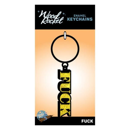 Wood Rocket Fuck Enamel Keychain - Naughty Novelty Accessory for All Genders - Pocket-Sized Pleasure Reminder - Bold Black Letters with Sparkling Gold Glitter - Model: KT-69 - Color: Obsidian - Adult Naughty Store