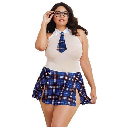 Dreamgirl Stretch Mesh Schoolgirl Tease Chemise with Plaid Skirt, Glasses - Seductive Lingerie for Plus Size Women, Bedroom Roleplay Costume - Black/Red