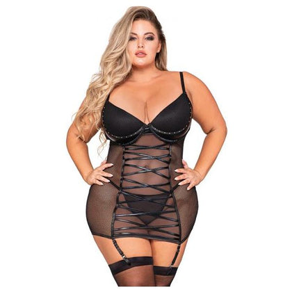 Dreamgirl Temptress Collection Fishnet and Faux Leather Garter Slip - Black 1X Women's Plus Size Lingerie - Adult Naughty Store