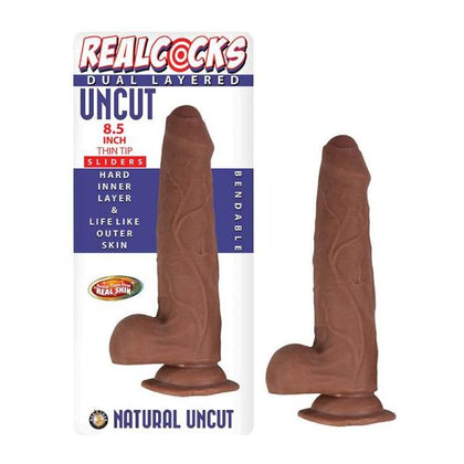 RealCocks Dual Layered Uncut Slider Thin Tip 8.5 In. Brown - Lifelike Bendable Uncircumcised Penis Dildo for Realistic Pleasure