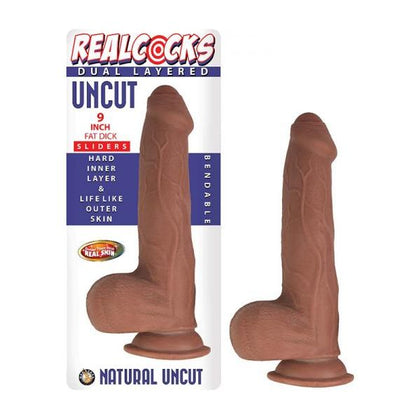 RealCocks Dual Layered Uncut Slider Fat Dick 9 In. Brown - Lifelike Bendable Uncircumcised Dildo for Realistic Pleasure - Adult Naughty Store