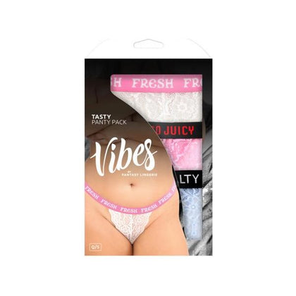 Vibes Fantasy Lingerie Tasty Vibes Pack 3-Piece Lace Thong Panty Set Blue/Pink/White Queen Size - Model VTL-003, Women's, Multi-Pleasure, 90% Polyamide, 10% Spandex