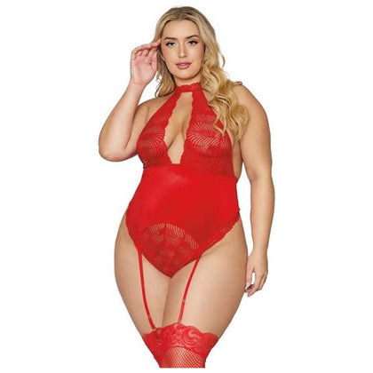 Dreamgirl Seductive Red Lace Velvet Garter Teddy - Model: Lipstick Red OS Queen - Women's Intimate Lingerie for Passionate Nights - Plus Size 16-22 DD