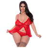 Magic Silk Ooh La Lace Babydoll & Split Crotch Panty Set - Red Queen, Women's Lingerie - Exposed Collection, Model: 90% Nylon, 10% Spandex, Open Fly-Away Front, Adjustable Straps, Satin Red B - Adult Naughty Store