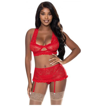 Magic Silk Exposed Ooh La Lace Bralette, Garter Skirt & G-string Set - Red, S-M - Women's Lingerie - Seductive and Flirtatious - Model: EBL1621 - Soft and Alluring Red Lace Design - Adjustable Straps and Garter Straps - Perfect for Intimate Moments