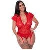 Magic Silk Ooh La Lace Cap Sleeve Basque & Tanga Set - Red Queen Women's Lingerie - Exposed by Magic Silk - Model OS-26393 - Seductive Lace Basque and Tanga - Red - Queen Size