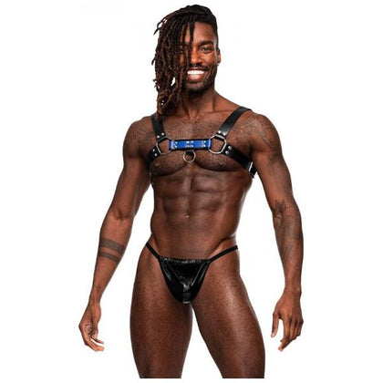 Male Power Men's Leather Aries Black-Blue O-S Chest Harness Lingerie - Model LP-101, Unisex, Sensual Pleasure, One Size - Adult Naughty Store