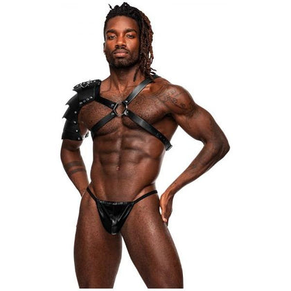 Male Power Men's Leather Aquarius Black O-s Criss-Cross Chest Harness with Gladiator-Inspired Shoulder Shield and Metal Accents - Sensual Pleasure Lingerie, Model AQBL-CH1, Unisex, for Exquis - Adult Naughty Store