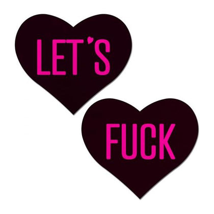 Pastease Love: 'Let's Fuck' Black Heart on Neon Pink Base Nipple Pasties - Handmade, Latex-Free, Waterproof Adhesive - Perfect for Sensual Teasing and Intimate Play - Model PSLV-001 - Women's - Adult Naughty Store