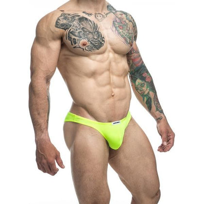 Malebasics Justin + Simon Classic Bikini Neon Green S: Men's Sexy Nylon Spandex Bikini Brief - Model JS-01, Neon Green, Size S