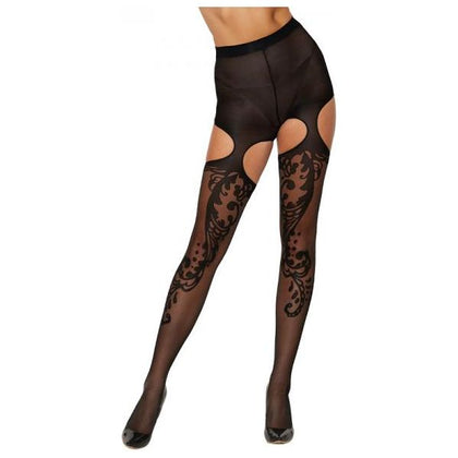 Dreamgirl Ornate Pattern Garter Pantyhose Black O-s: Seductive Sheer Swirls for Alluring Legs - Adult Naughty Store