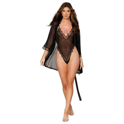 Dreamgirl Mesh Robe & Strappy Back Teddy With Lace Trim Black XL Women's Seductive Lingerie Set DRG-2021-XL for Enhanced Allure and Confidence - Adult Naughty Store