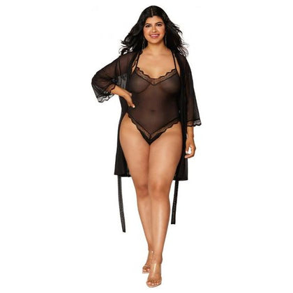 Dreamgirl Tempting Temptress Mesh Robe & Strappy Back Teddy With Lace Trim - Black, 1XL, Women's Plus Size - Adult Naughty Store