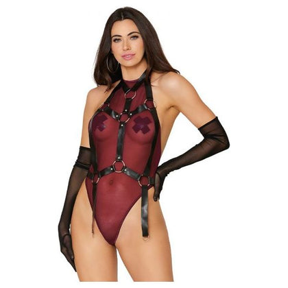 Dreamgirl Seductive Burgundy Black High-Neck Mesh Teddy & Garter Body Harness (Model: SBT-001) - Women's Intimate Pleasure Lingerie (Size: Small) - Adult Naughty Store