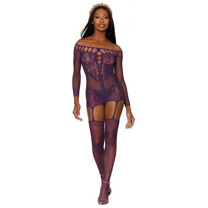 Dreamgirl Aubergine Fishnet Lace Garter Dress with Attached Stockings - Seductive Lingerie Set for Women, Model: O-s - Adult Naughty Store