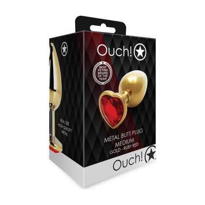 Ouch! Heart Gem Butt Plug Medium Gold/Ruby Red - Premium Aluminum Jewel-Encrusted Anal Toy for Sensual Pleasure