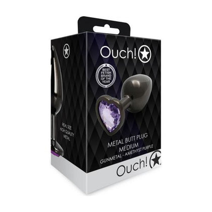 Ouch! Heart Gem Medium Gunmetal/Amethyst Aluminum Butt Plug - Model BPGM-002 - Unisex Anal Pleasure Toy - Adult Naughty Store