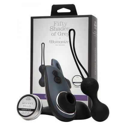 Introducing the Fifty Shades of Grey Womanizer Liberty Desire Blooms Kit - Clitoral Suction Vibrator & Kegel Eggs - Black & Grey