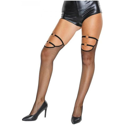 Coquette Seductress Fishnet Stockings with Thigh Strap & Metal Ring Details - Model X1B, Women's Intimate Pleasure, Black, One Size - Adult Naughty Store