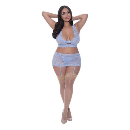 Magic Silk Exposed Ooh La Lace Bralette, Garter Skirt & G-string Set - Periwinkle Queen Size - Women's Lingerie for Sensual Intimacy and Seductive Play