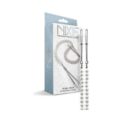 Nixie Pearl Drop Beaded Tweezer Nipple Clamps - Elegant Silver Clamps for Sensual Nipple Stimulation - Model NPD-TC001 - Unisex Pleasure - Pearl Strand Chain - Bonus Storage Bag
