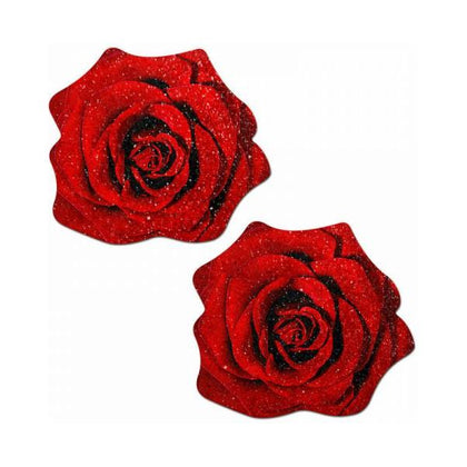 Pastease Glitter Blooming Rose Pasties Red - Sensual Intimates for Alluring Nipple Pleasure - Model #PRB-001 - Women's Velvet Flower-Shaped Lingerie Accessory - 3 x 2.7 inches Coverage