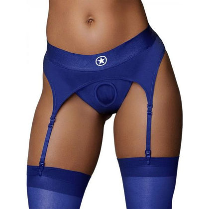 Ouch! Vibrating Strap-On Thong with Adjustable Garters Royal Blue M/L: Elegant Strap-On Panty for Women, Perfect for Intimate Pleasure
